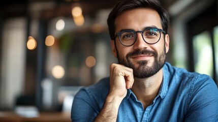 A confident young man with glasses smiling in a cozy cafe, embodying positivity and approachability in a modern workplace setting.