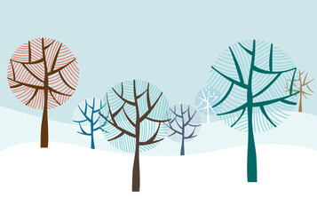 Wall Mural - Winter landscape background, with abstract round trees over snow. Vector minimalist illustration card with copy space