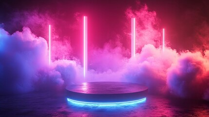 Wall Mural - Illuminated Platform with Neon Lights and Pink and Blue Smoke