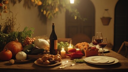 A cozy dining setup featuring fresh vegetables, wine, and warm candlelight, perfect for a seasonal meal or celebration.