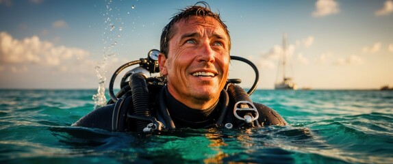 Canvas Print - Diver emerging from ocean, smiling under sunlight, capturing spirit of adventure and exploration in a tropical setting.