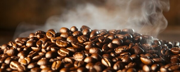 A close-up of aromatic coffee beans, freshly roasted and steaming. Perfect for coffee-related projects and culinary visuals.