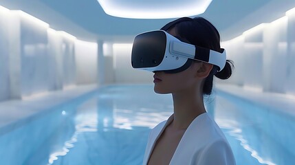 A woman wearing a VR headset stands near a serene pool in a modern, minimalist space.