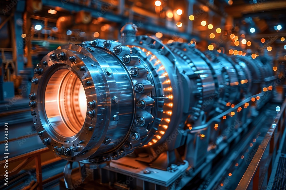Close up of marine dual fuel gas turbine engine key component in ship ...