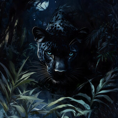 A captivating image of a black panther lurking through dense jungle foliage under the light of a full moon. Its piercing blue eyes and shadowy presence create an atmosphere of mystery and intrigue.