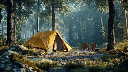 Camping outdoors with lots of sunlight. tent, camping chairs, a camping tent BBQ rack, and more.