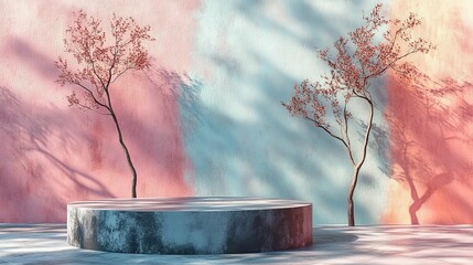 Wall Mural - Concrete Pedestal with Two Silhouetted Trees Against a Painted Wall