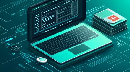 Poster - Laptop and Data Storage on Teal Tech Background