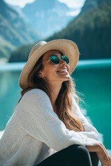 Wall Mural - A woman wearing a straw hat and sunglasses is sitting on a dock by a lake. She is smiling and she is enjoying the view