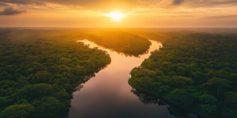 A river with a sun shining on it. The sun is in the sky and the water is calm