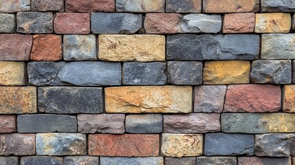 A wall with a mix of gray, red, and yellow bricks, showing the rough texture of the bricks.