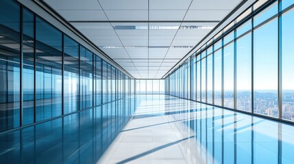 An empty office space with glass floors and walls, showcasing modern architecture against a backdrop of clear blue skies.