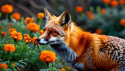 Curious red fox exploring fragrant marigold blooms in a vibrant garden