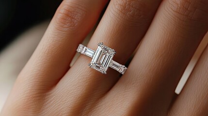 Poster - Close-up of a hand wearing a dazzling baguette and solitaire diamond engagement ring, showcasing elegance and luxury.