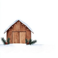 Wall Mural - A decorated barn with snowcovered roof and twinkling lights, watercolor illustration, isolated on white background