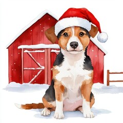 Wall Mural - A dog wearing a Santa hat sitting next to a snowcovered barn, watercolor illustration, isolated on white background