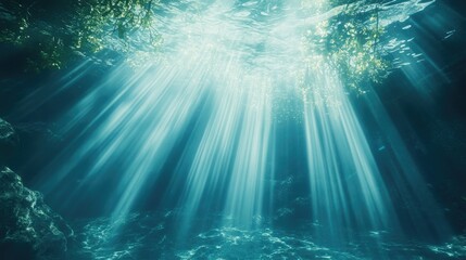 Poster - Mysterious underwater world with soft rays of light filtering through, creating a calm and magical atmosphere.