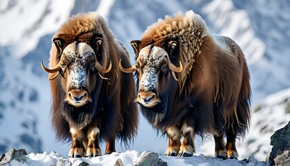 Wall Mural - Majestic musk oxen in a snowy Dovrefjell mountain landscape