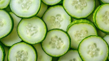 Poster - Top-down view of freshly cut cucumber slices, showcasing their vibrant color and juicy texture.