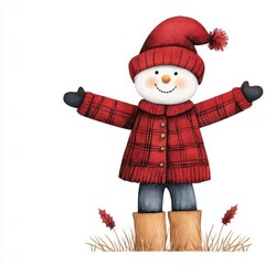 Wall Mural - A festive scarecrow wearing Christmas attire in a snowy field, watercolor illustration, isolated on white background