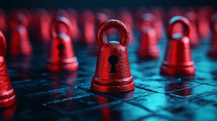 Wall Mural - Red Padlocks With Keyholes On A Blue Surface