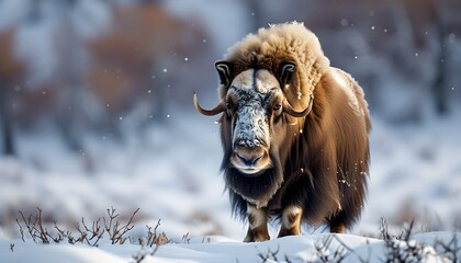 Wall Mural - Majestic male Musk ox surrounded by a pristine snowy landscape