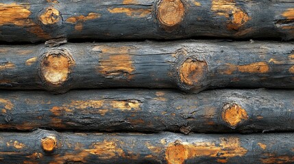 Close-up of Weathered Logs with Knots and Blackened Bark