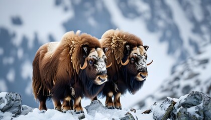 Wall Mural - Majestic musk oxen in a snowy Dovrefjell mountain landscape