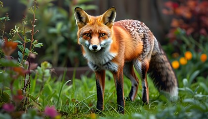 Wall Mural - Vibrant red fox poised gracefully on lush garden lawn