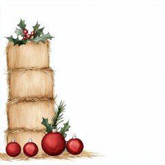 Wall Mural - A stack of hay bales with Christmas ornaments and garlands, watercolor illustration, isolated on white background