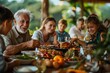 © Desain - A joyful gathering around a festive meal with family and friends in a natural setting.