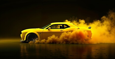 Yellow car with yellow smoke on a bright black background