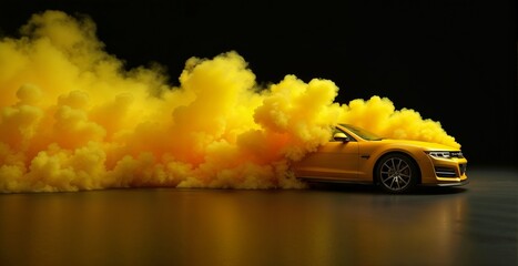 Wall Mural - Yellow car with yellow smoke on a bright black background