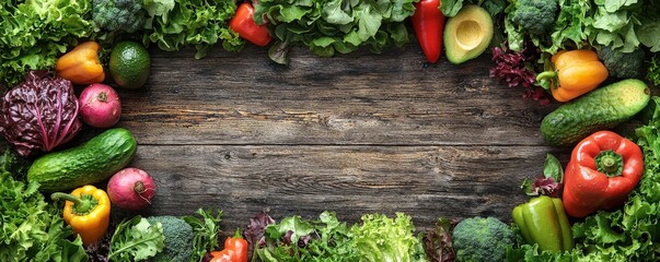 A beautifully weathered wooden board framed by a vibrant mix of vegetable crisp lettuce, ripe avocados, and colorful bell peppersâ€”creating a wholesome and appetizing setting with a generous area of