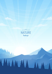 Wall Mural - Mountain landscape. Dawn. Rays of the sun in the blue sky. Silhouettes of mountain ranges and hills with trees. The concept of tourism, hiking, active recreation. Vector image.