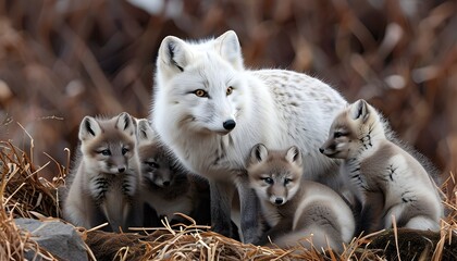 Wall Mural - Playful Arctic fox cubs frolicking with their nurturing adult amidst a snowy landscape