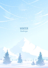 Wall Mural - Winter day in the mountains. Mountains and valley covered with snow, fir trees in drifts. Sunny day and clear blue sky. Frost. Design for poster, postcard, cover, greeting card.