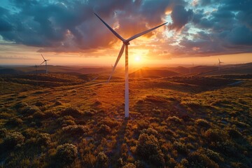 Sunset view of wind turbine  clean energy generation and environmental sustainability concept