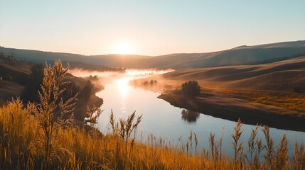 A serene river landscape at sunrise, featuring gentle hills, mist, and vibrant grass reflecting the beauty of nature.