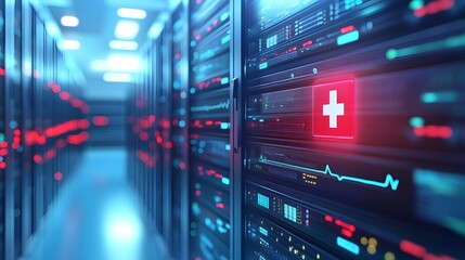 Wall Mural - Server Room Technology Healthcare Network with Red Cross