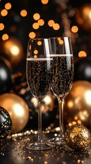 Two champagne glasses with sparkling bubbles, surrounded by gold and black balloons, glitter, and bokeh lights, creating a luxurious festive atmosphere.