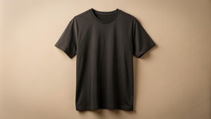 A black crew-neck t-shirt with short sleeves is positioned on a blank background, showcasing its understated yet