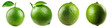 © R Studio - Close up of vibrant green limes with attached leaves on a plain white background  The limes have a spherical shape glossy skin