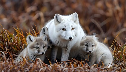 Wall Mural - Playful Arctic fox cubs frolicking with their nurturing adult amidst a snowy landscape