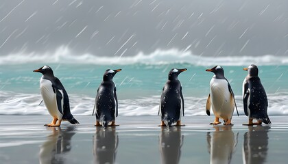 Wall Mural - Gentoo penguins braving the wind on a sandy beach