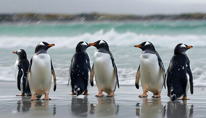 Wall Mural - Gentoo penguins braving the wind on a sandy beach