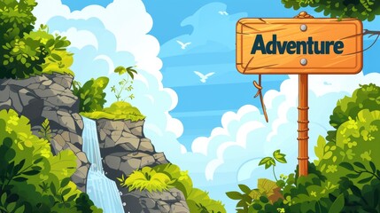 Wall Mural - adventure traffic sign by waterfall illustration