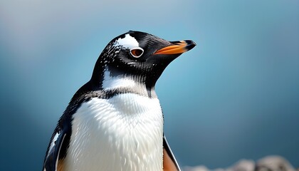 Wall Mural - Curious Gentoo penguin gazing against a clear blue sky