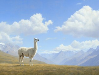 Wall Mural - Serene Llama Grazing in a Lush Green Field under a Clear Blue Sky, Capturing the Tranquility of Nature and the Beauty of Rural Landscapes