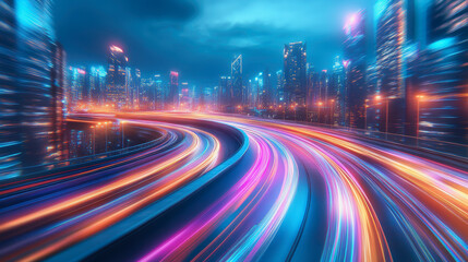 City streets with neon lights, dynamic motion blur, and colorful light trails at night